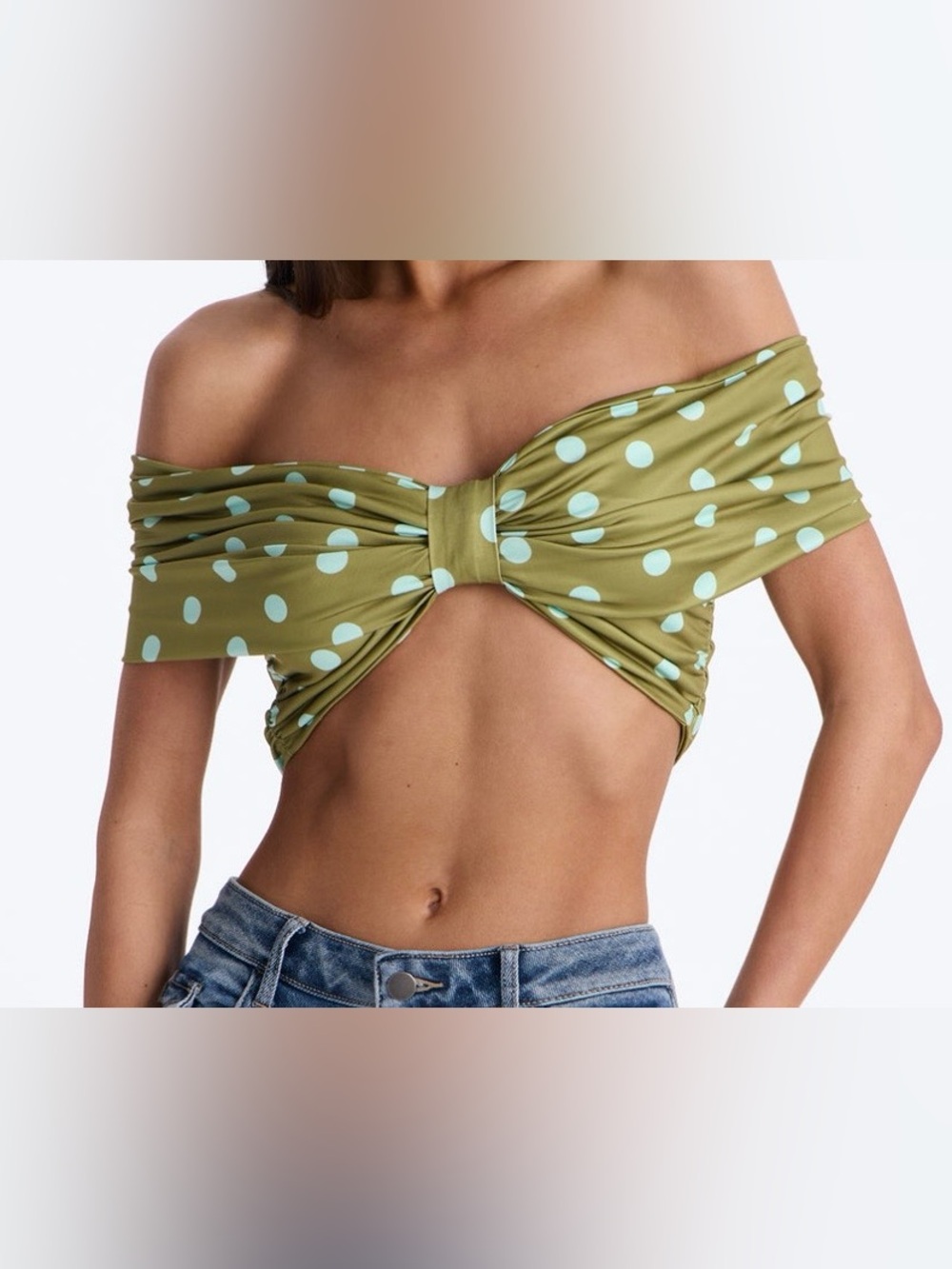 Fashion Nova Olive Green Polka Dot Off-Shoulder Twist Crop Top